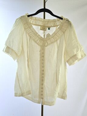 Anthropologie Cream Linen Blend Ruffle Scoop Neck Button Down Blouse